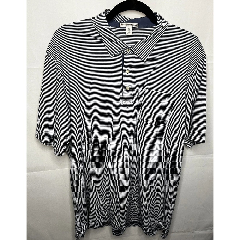 Peter Millar Polo Shirt Men XL Navy White Striped Pima Cotton Golf Preppy Luxury